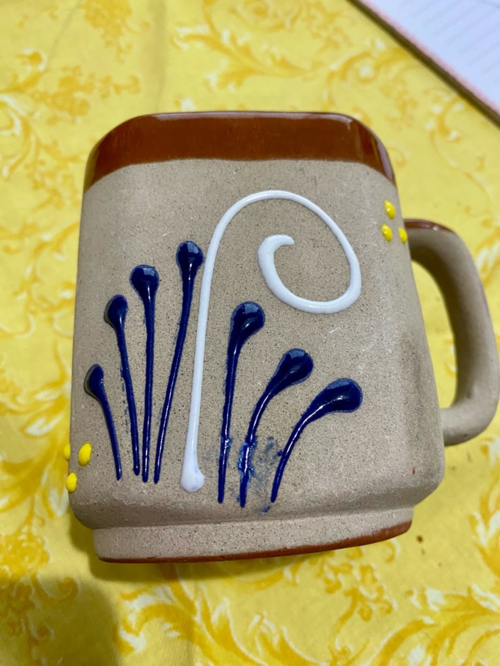 Mexican Handmade Clay Mug. Square w/square handle. Handpainted blue yellow white